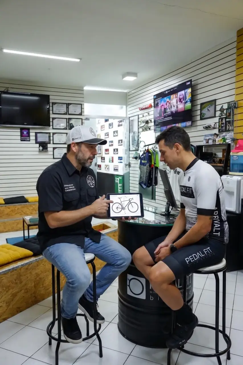 Willi conversando com um cliente e mostrando opções no tablet