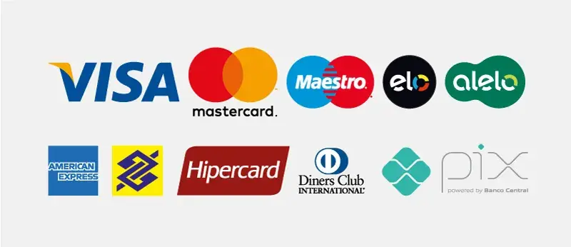 Bandeiras aceitas: Visa, Mastercard, Maestro, Elo, Alelo, American Express, Banco do Brasil, Hipercard, Diners Club e PIX